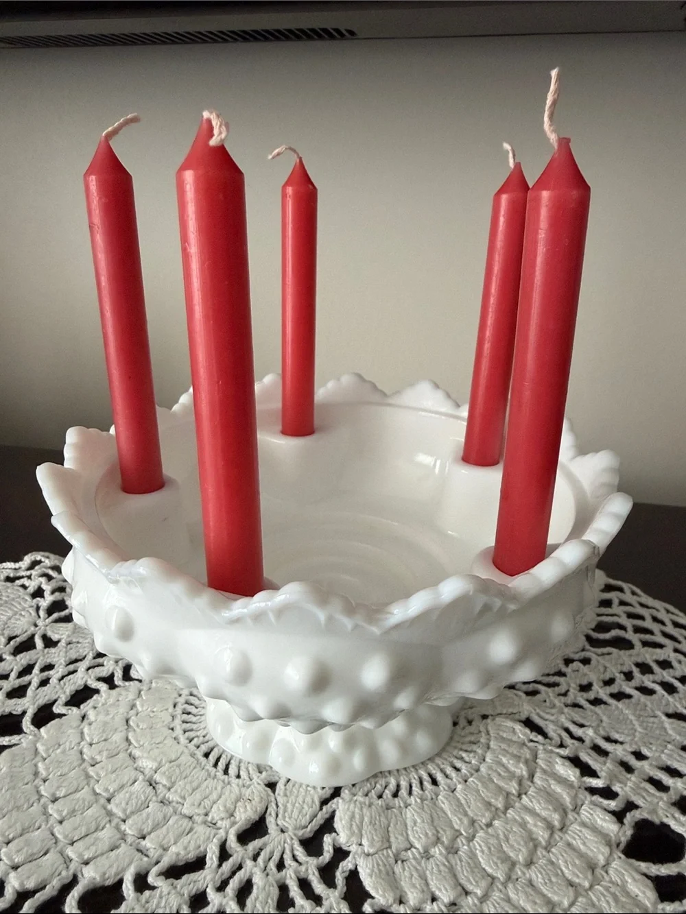 Vintage Fenton White Milk Glass Hobnail multi candle Advent Bowl